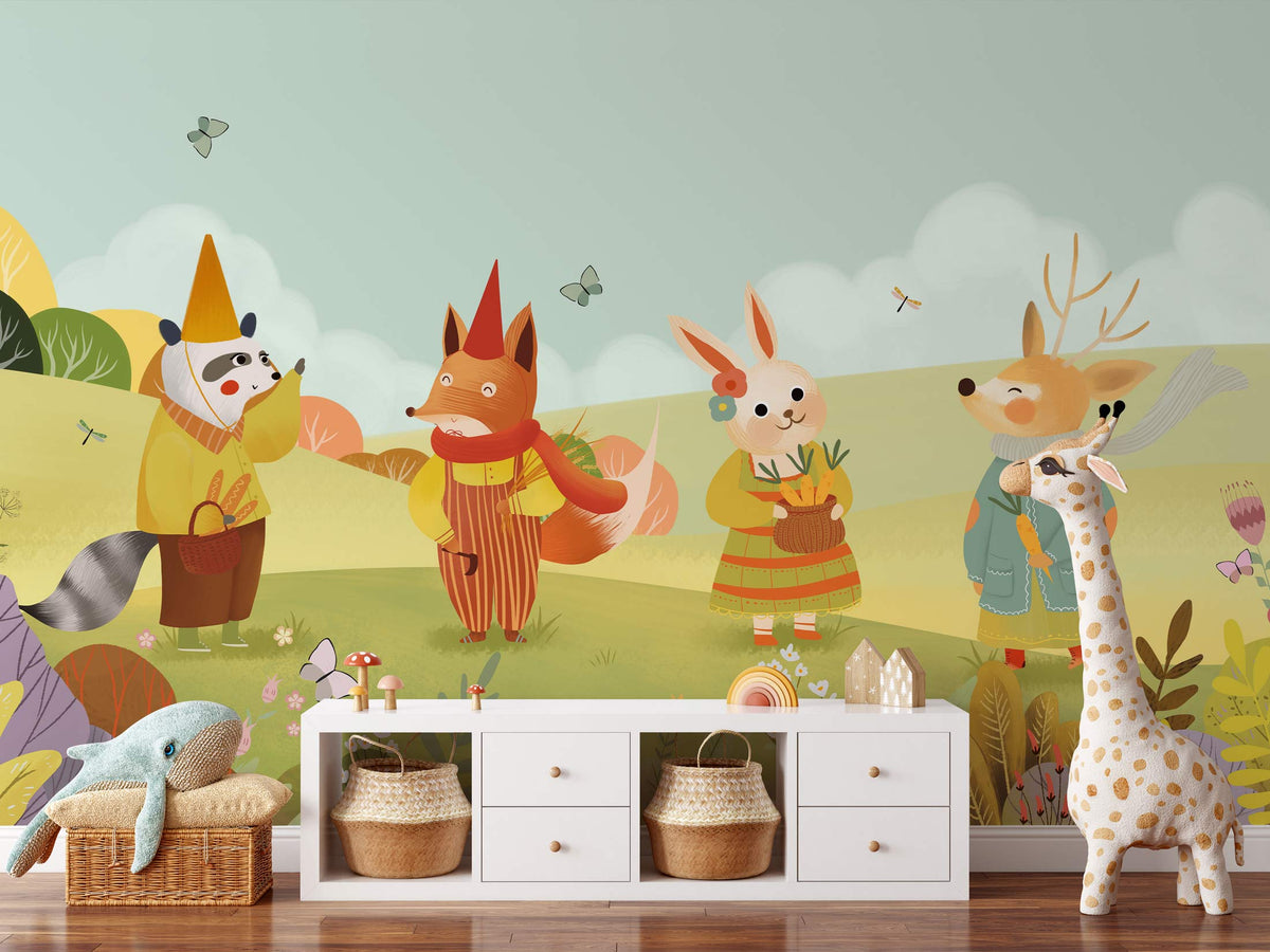 Whimsical mural wallpaper featuring woodland animals in kids' room; white dresser, wooden flooring, soft tones.