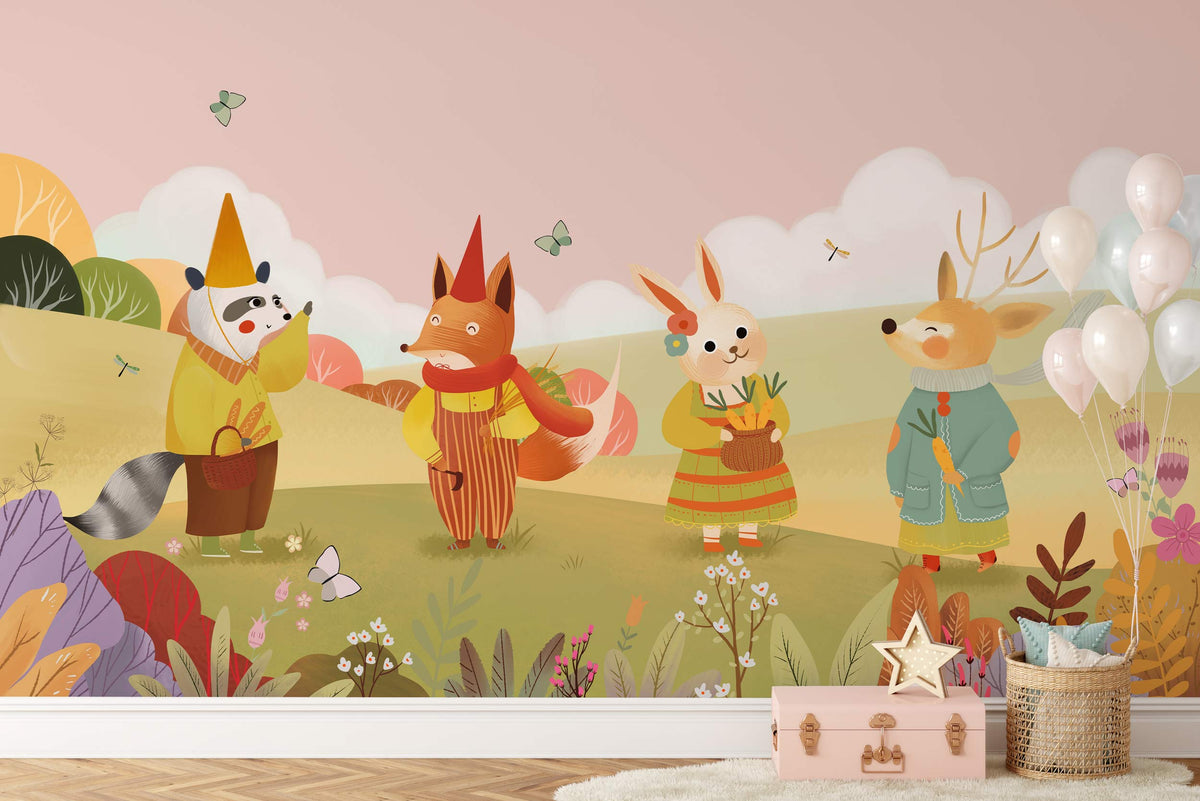Whimsical woodland animal mural wallpaper in kids' room, pastel colours, introduced with light wooden flooring.