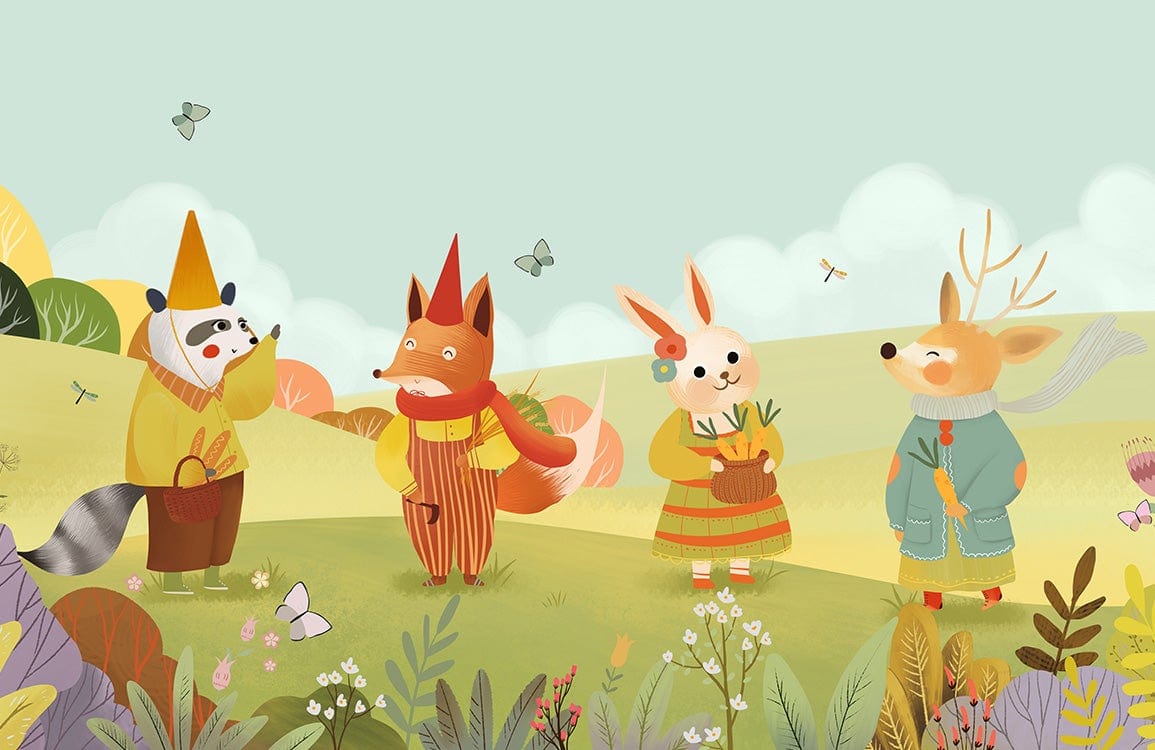 Whimsical Woodland Friends Mural Wallpaper in Pastel Colours for Kids' Rooms