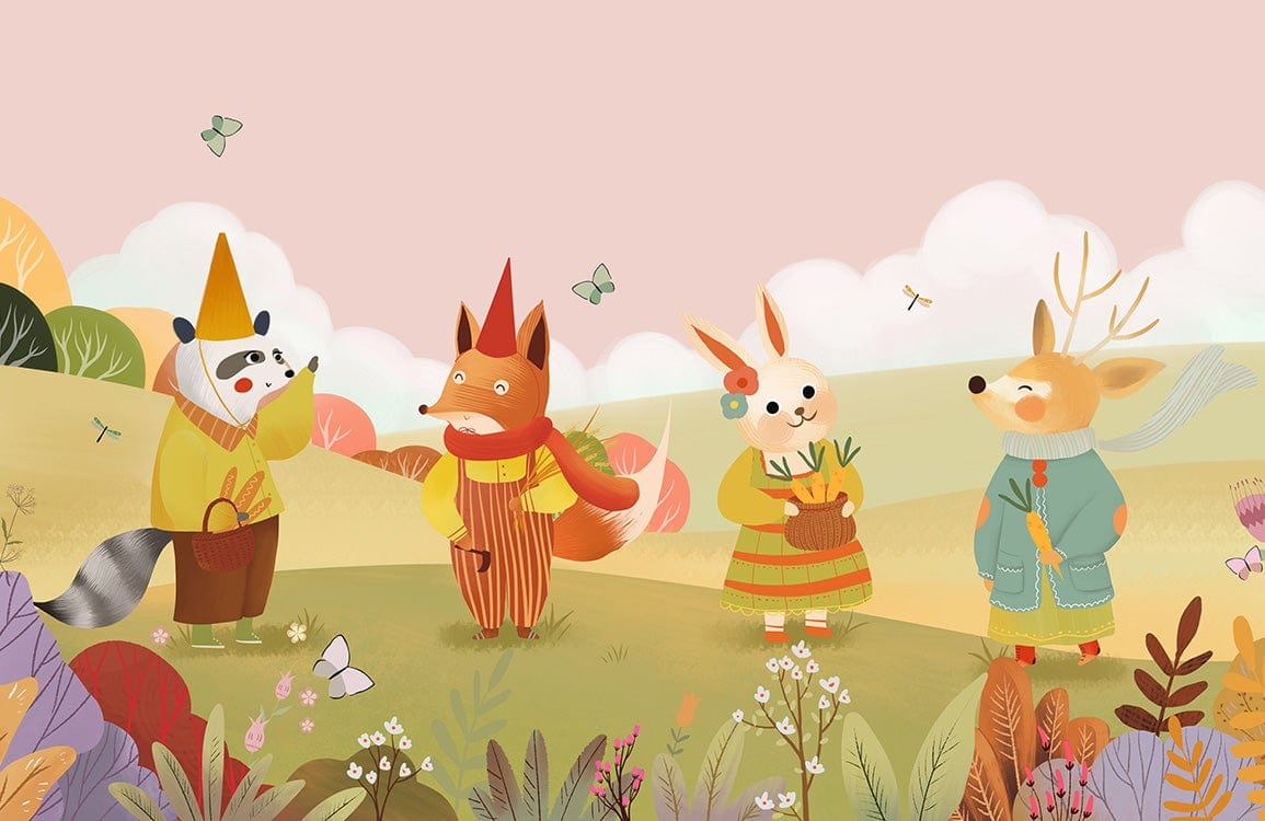 Whimsical Woodland Friends Pastel Animal Mural Wallpaper for Kids' Rooms