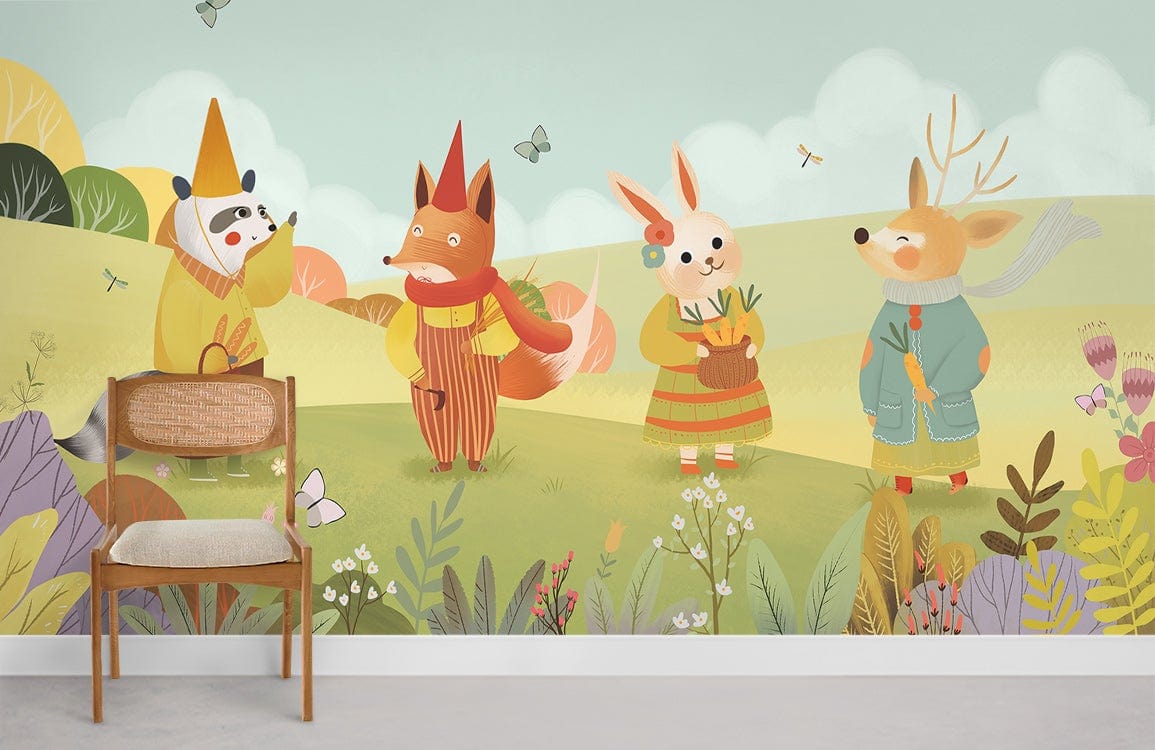 Whimsical Woodland Friends mural wallpaper in pastel, featuring woodland animals, wooden chair, nursery setting.