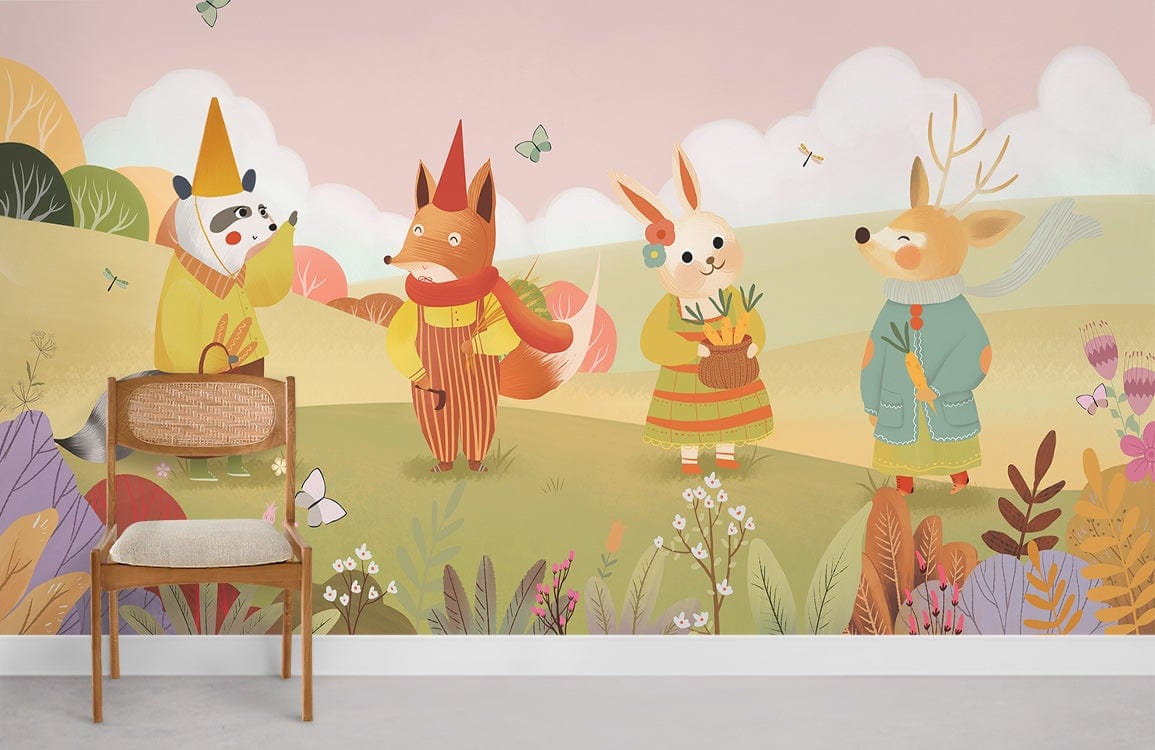 Whimsical Woodland Friends pastel animal mural with chair, kids' room wallpaper, cheerful room decor.