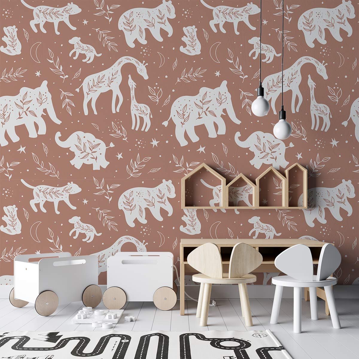 Nursery with earthy safari wallpaper, wooden play furniture, white pendants, and light wooden flooring.
