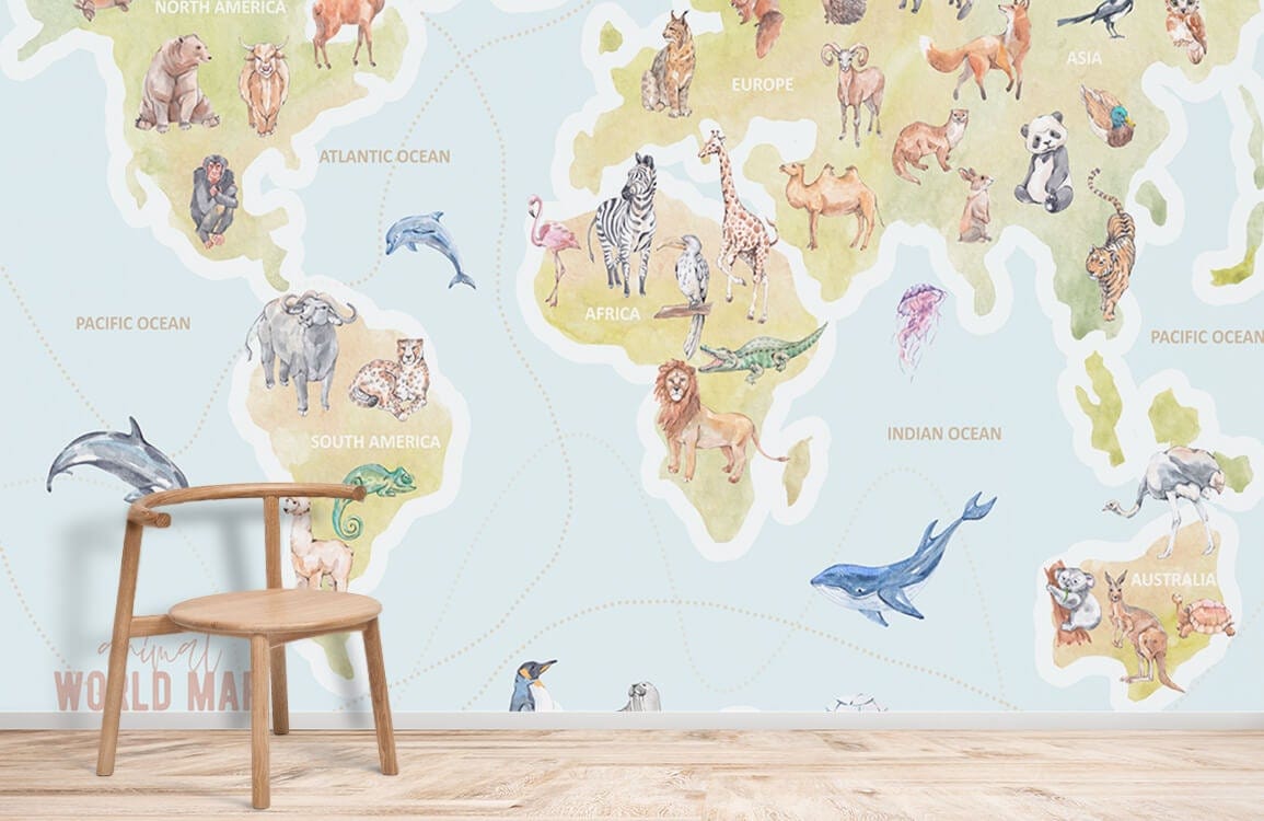 Children's Animal World Map Mural Wallpaper with wooden chair, light wood flooring, and educational design.