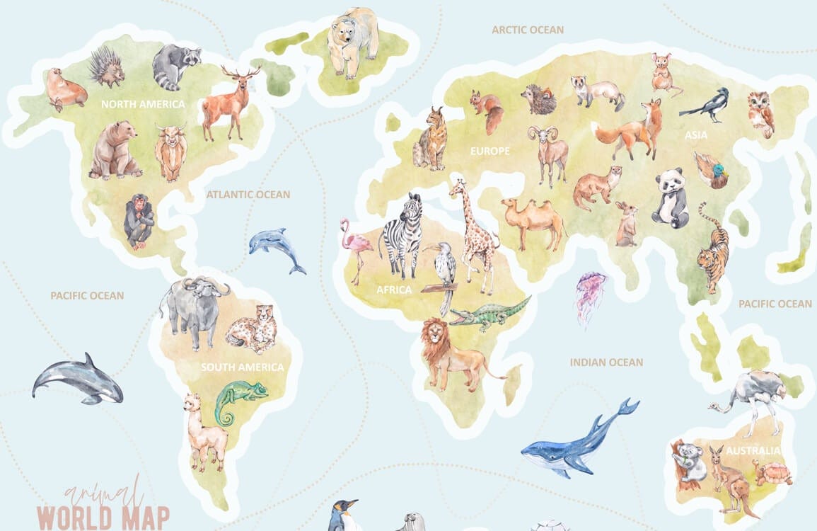 Children's Colourful Animal World Map Mural Wallpaper for Learning Adventure
