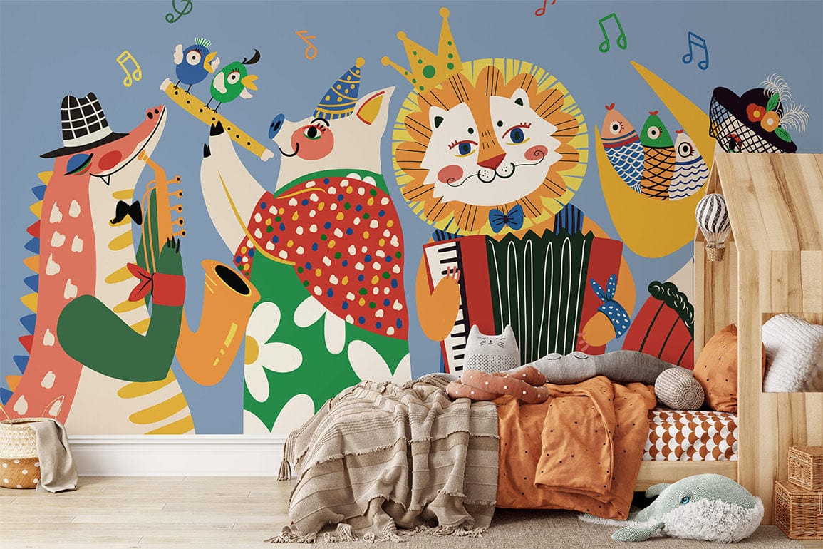 Colourful animal jazz band wallpaper in kids' playroom with wooden furniture and cosy cushions.