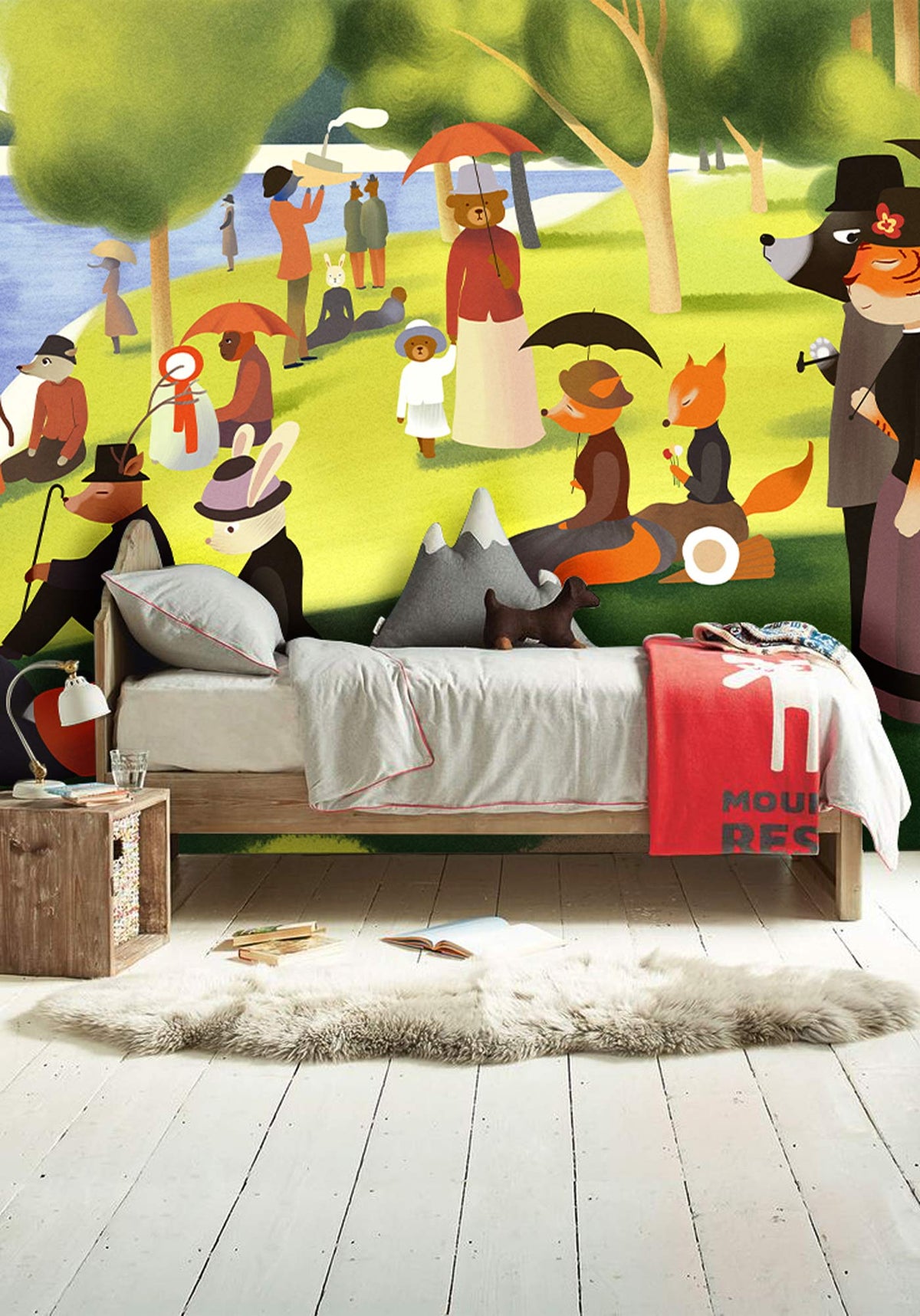 Charming woodland animal wallpaper in Victorian style, pastel tones; wooden bed, white flooring, rustic decor.
