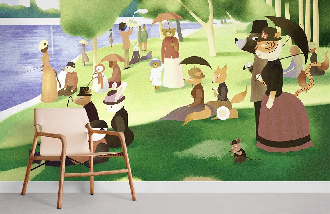 Vintage Animal Parade Scenic mural in pastel greens, browns; wooden chair; serene lakeside scene backdrop.