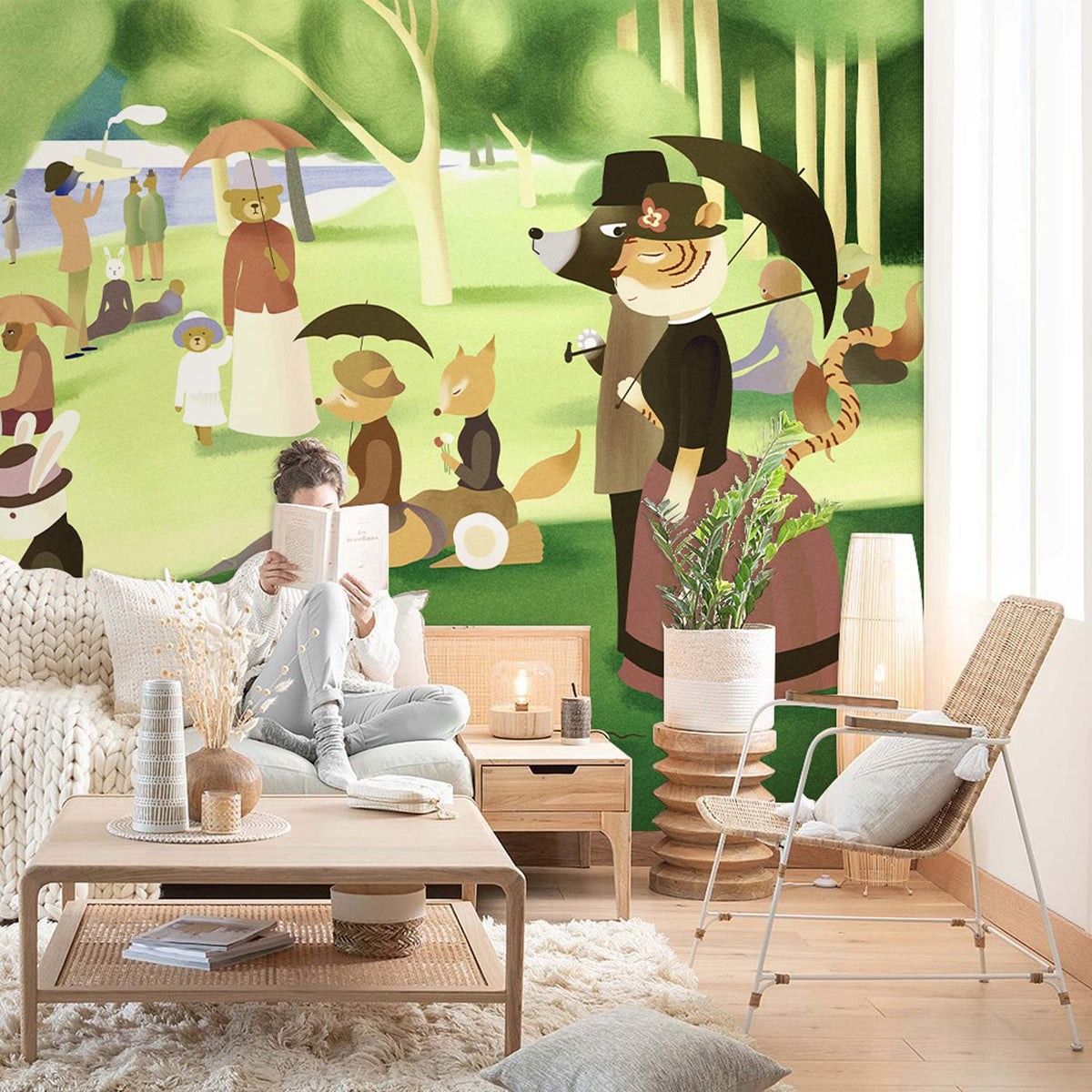 Vintage Animal Parade mural in room with beige sofa, wooden flooring, and rustic coffee table.