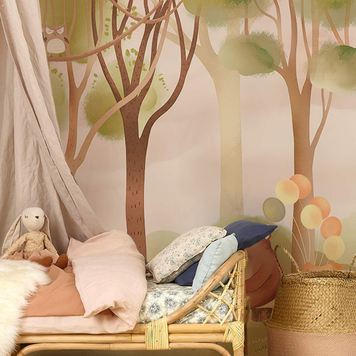 Children's Woodland Adventure Mural Wallpaper, pastel animals, wicker sofa, cosy children's room setting.