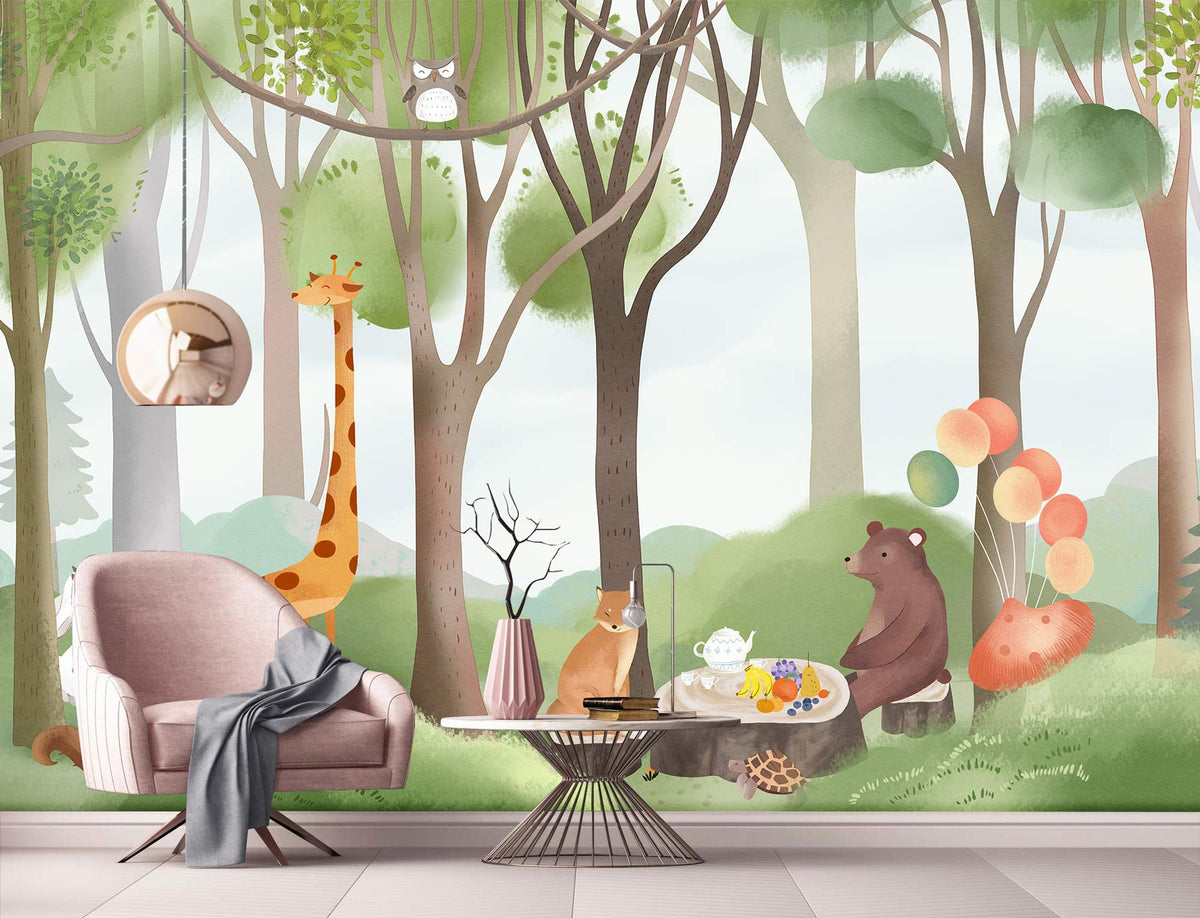 Children's room with whimsical forest mural, pink armchair, modern table, and playful animal illustrations.
