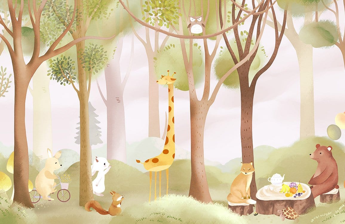 Children's Woodland Adventure Mural Wallpaper with Soft Pastel Animal Design