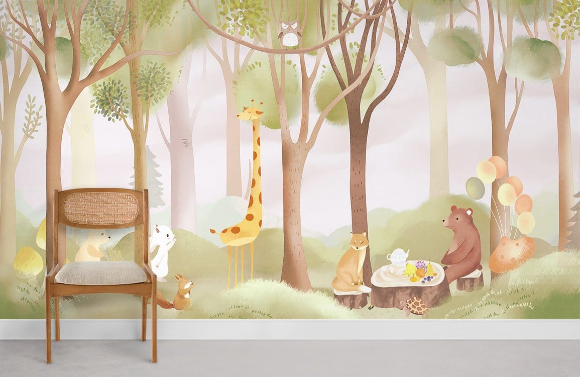 Children's Woodland Adventure Mural Wallpaper, soft pastel animals, wooden chair, light grey flooring, nursery room.