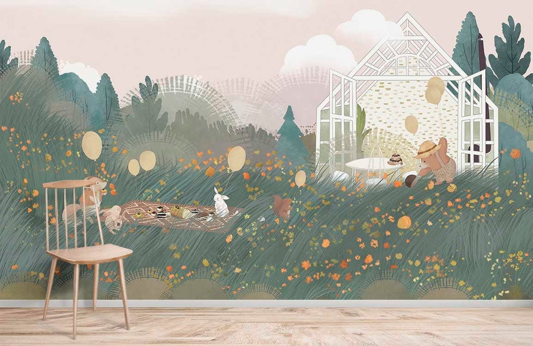 Enchanted Woodland Picnic mural wallpaper, pastel design, light wood chair, wooden flooring, illustrative style.