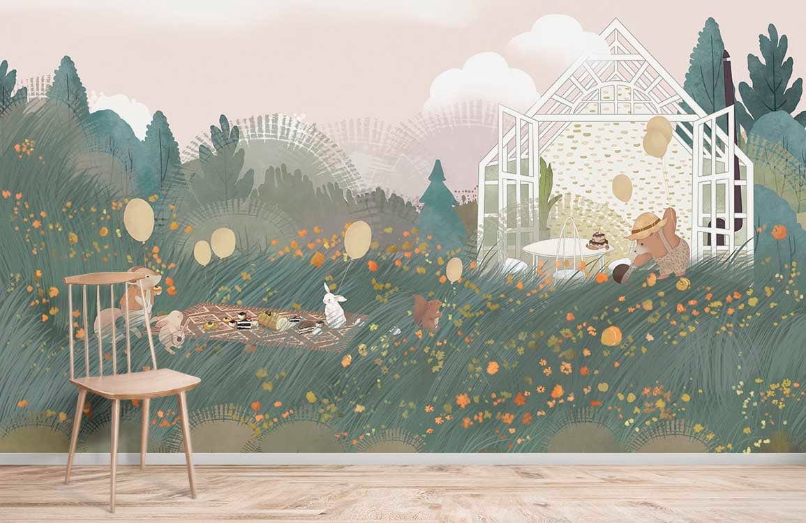 Enchanted Woodland Picnic mural wallpaper, pastel design, light wood chair, wooden flooring, illustrative style.