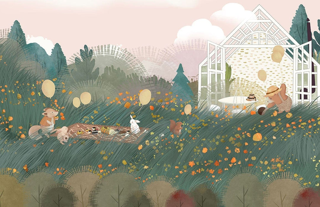 Enchanted Woodland Picnic Mural Wallpaper in Soft Pastel Illustrative Design