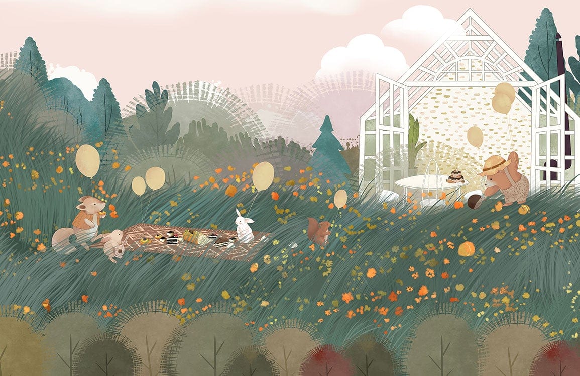 Enchanted Woodland Picnic Mural Wallpaper in Soft Pastel Illustrative Design