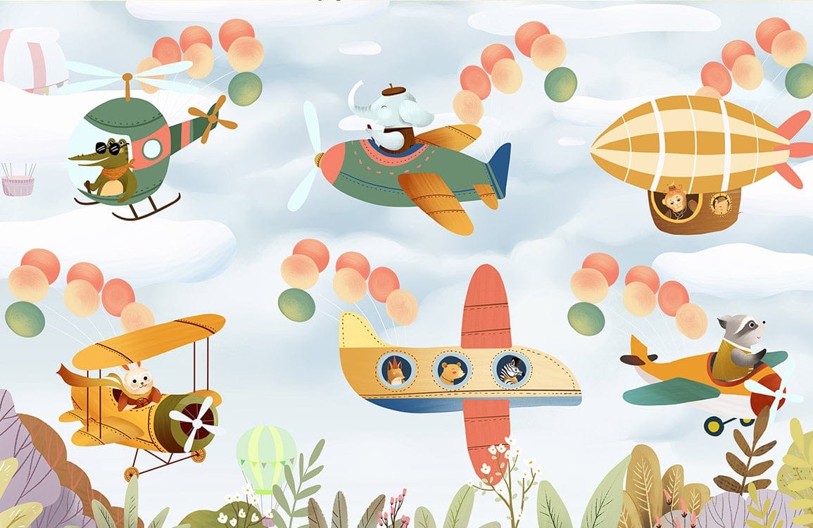 Whimsical Animal Pilots Mural Wallpaper – Playful Vintage Aeroplanes & Balloons