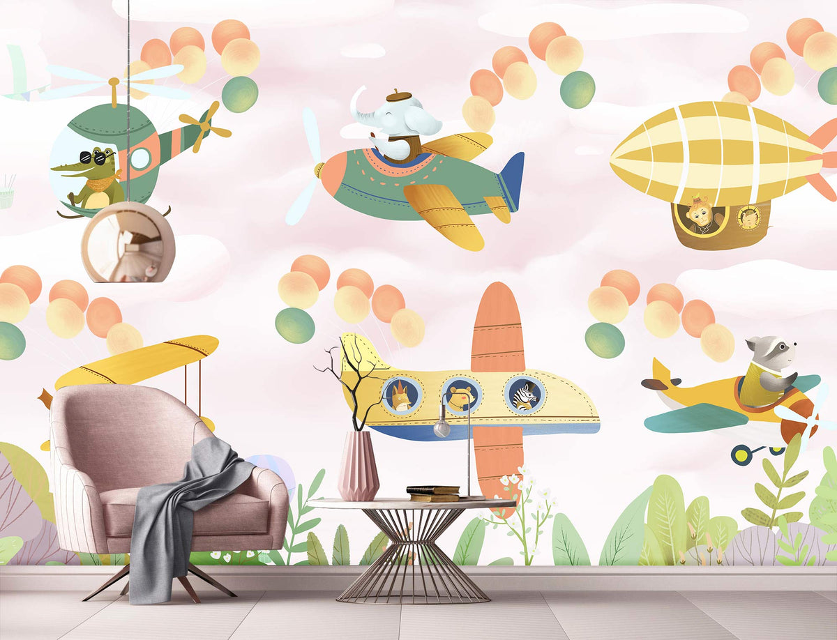 Whimsical animal aeroplane mural wallpaper with pastel colours, pink armchair, and modern coffee table in nursery.