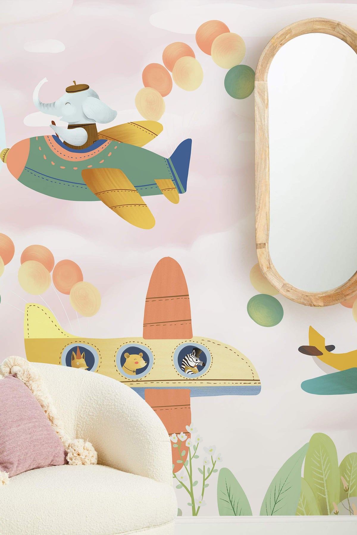 Whimsical animal aeroplane mural, kids' room, pastel tones, cosy armchair, wooden-framed mirror.