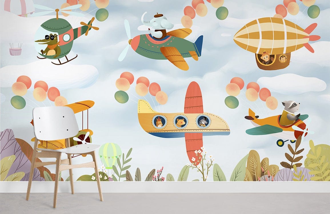 Whimsical Animal Pilots Mural Wallpaper featuring playful aeroplanes, balloons; white chair on grey floor.