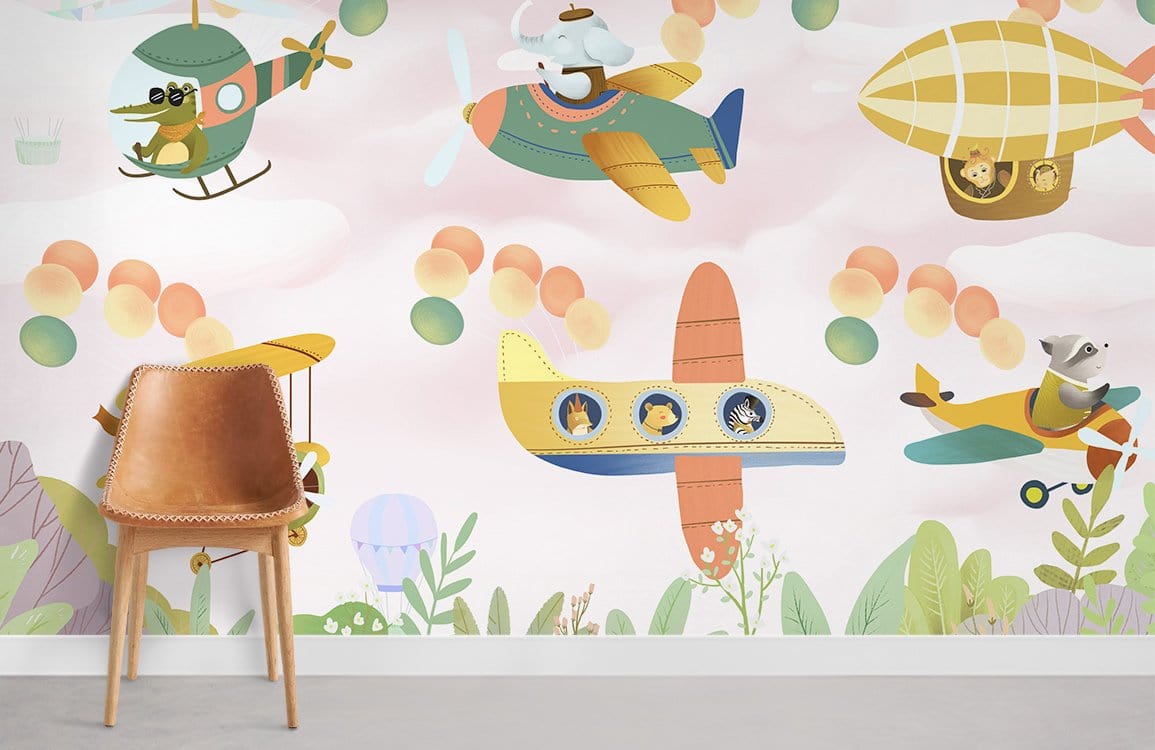 Whimsical animal aeroplane mural wallpaper, pastel colours, kids' room, brown chair, grey flooring.