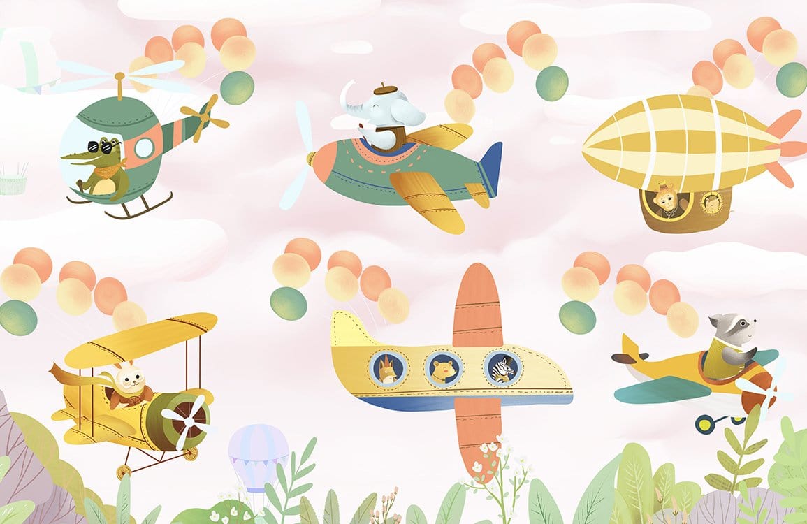 Whimsical Animal Aeroplane Adventure Mural Wallpaper in Pastel Colours for Kids' Rooms