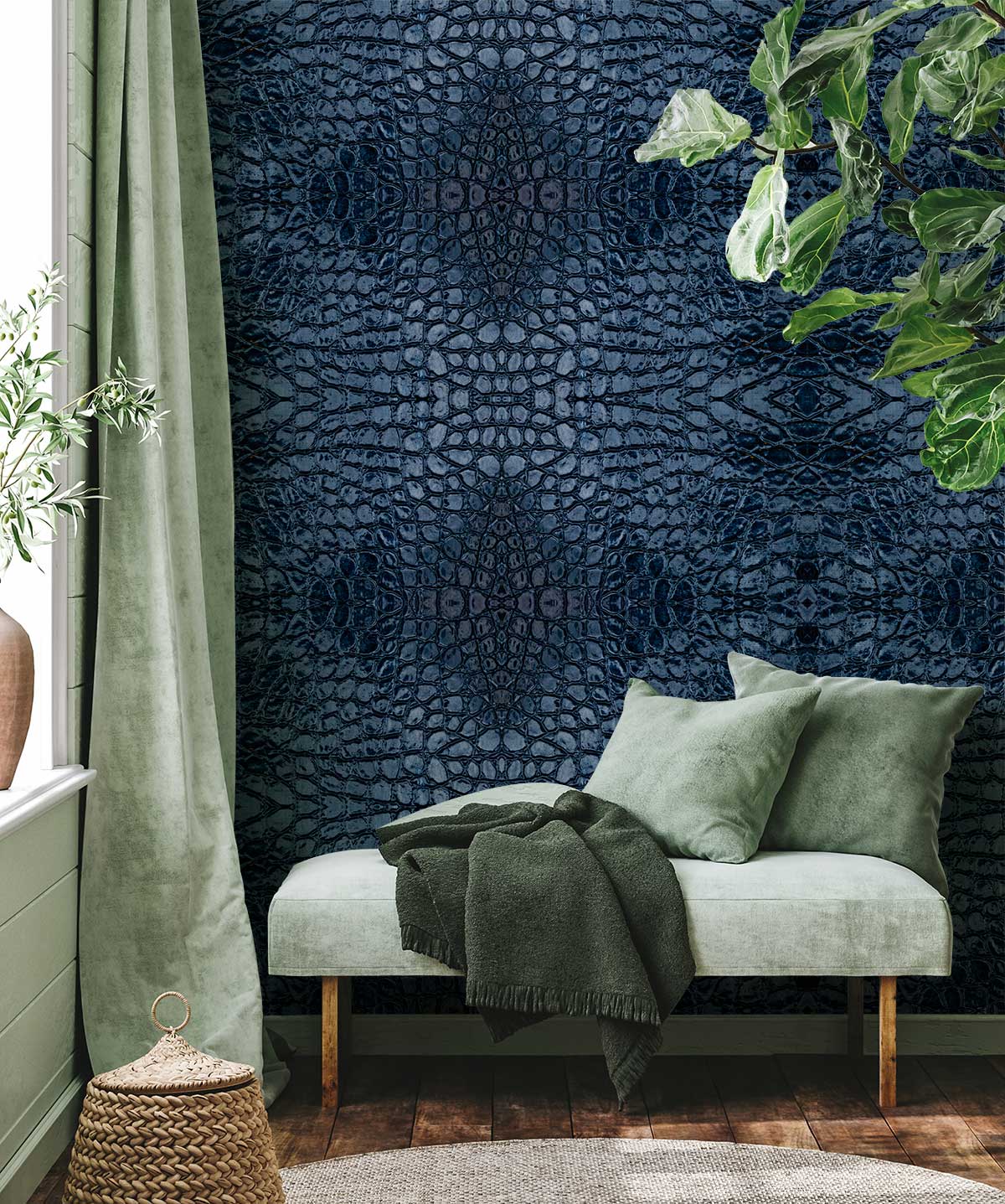 Luxurious blue crocodile pattern wallpaper, complemented by green sofa and lush indoor plants, wooden flooring.