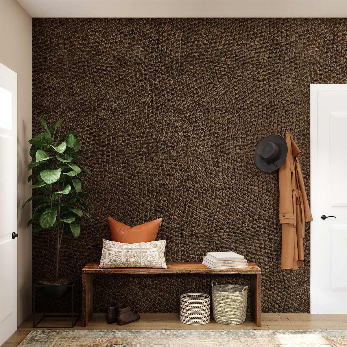Elegant textured brown leather-look wallpaper, modern interior, beige armchair, hardwood floor, living room.