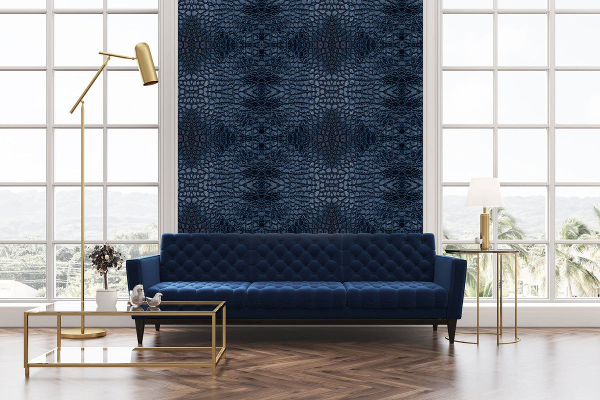 Luxurious blue crocodile pattern wallpaper, elegant blue sofa, modern gold lamp, herringbone wood flooring.