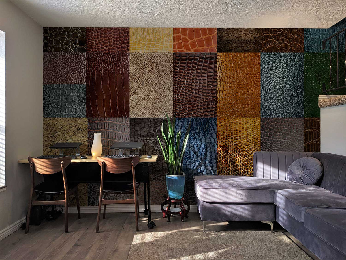 Exotic Textured Leather Pattern Wallpaper with multicolour design, grey sectional sofa, wooden flooring, office setting.