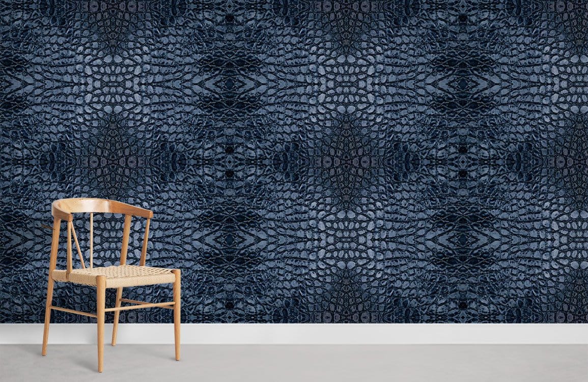 Luxurious blue crocodile pattern wallpaper, elegant wooden chair, modern interior, grey flooring, stylish decor.