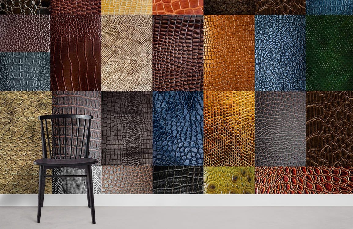 Exotic patterned wallpaper featuring vibrant leather textures behind a black chair in a modern room.