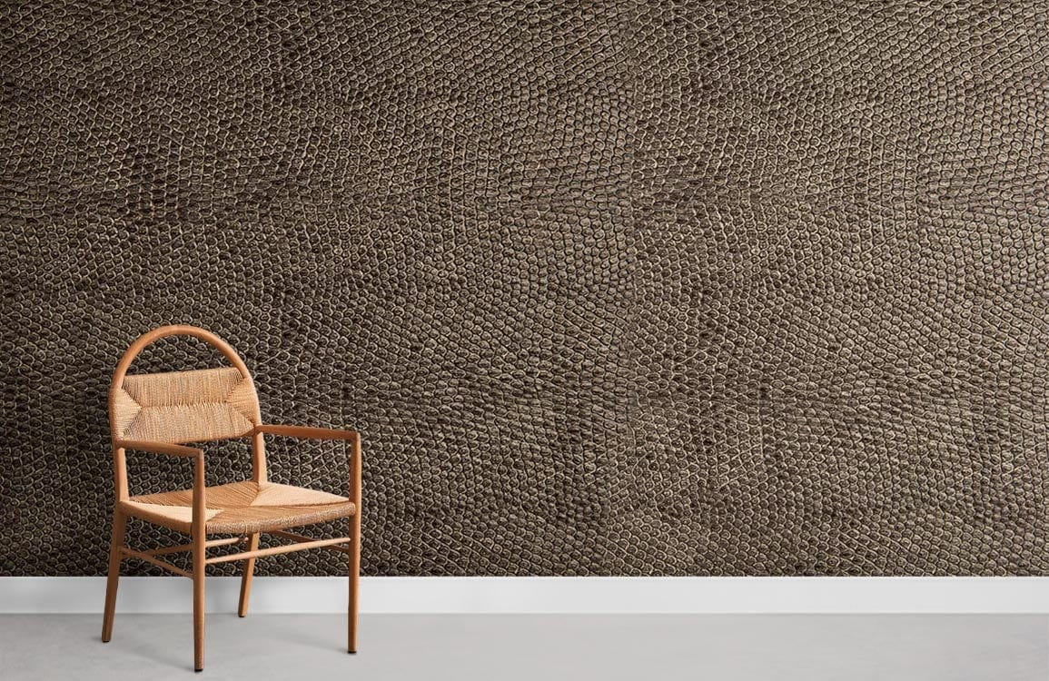 Elegant textured brown leather-look wallpaper with wooden chair in modern interior setting.
