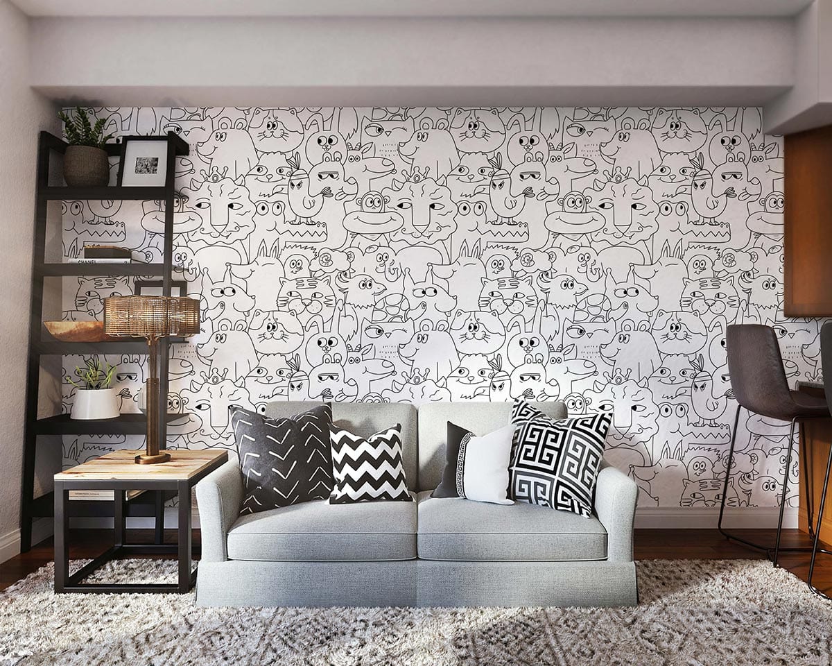 Monochrome animal patterned wallpaper, grey sofa, black shelf, modern living room, textured rug, playful decor.