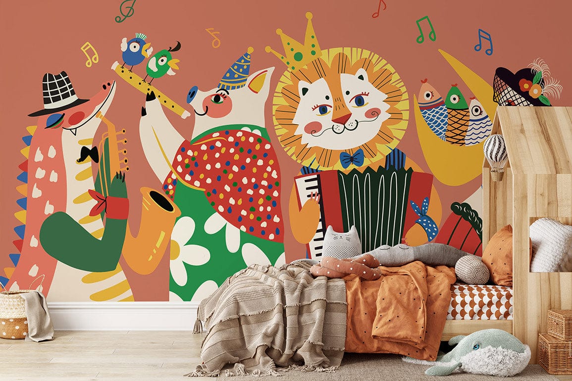 Whimsical Animal Band Mural Wallpaper in children's room with vibrant decor, light wood flooring, cosy sofa.