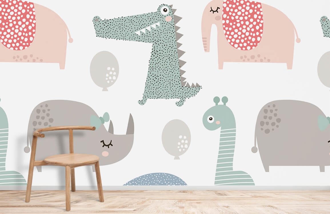 Charming Pastel Safari Animals wallpaper in children's room with wooden chair, wooden flooring, mural decor.