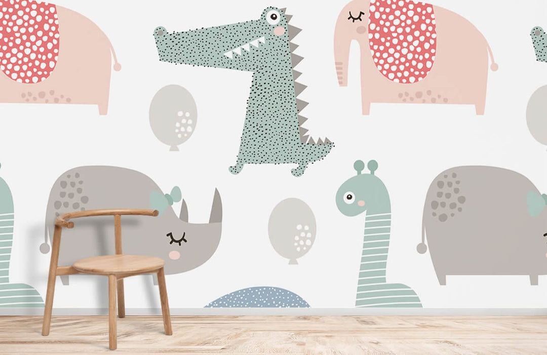 Charming Pastel Safari Animals wallpaper in children's room with wooden chair, wooden flooring, mural decor.