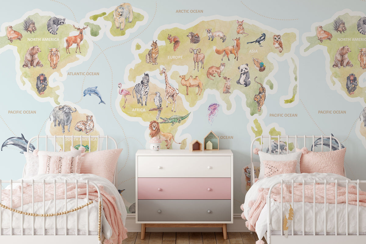 Children's animal world map mural wallpaper in bedroom with twin beds, pastel dresser, wood flooring.