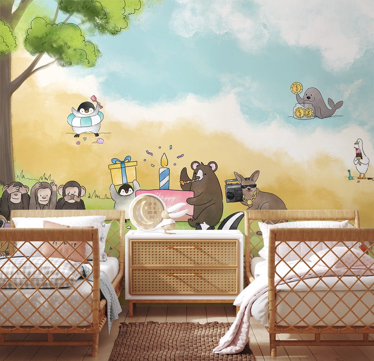 Charming woodland animal mural wallpaper in pastel, whimsical style; wicker furniture in cosy nursery.