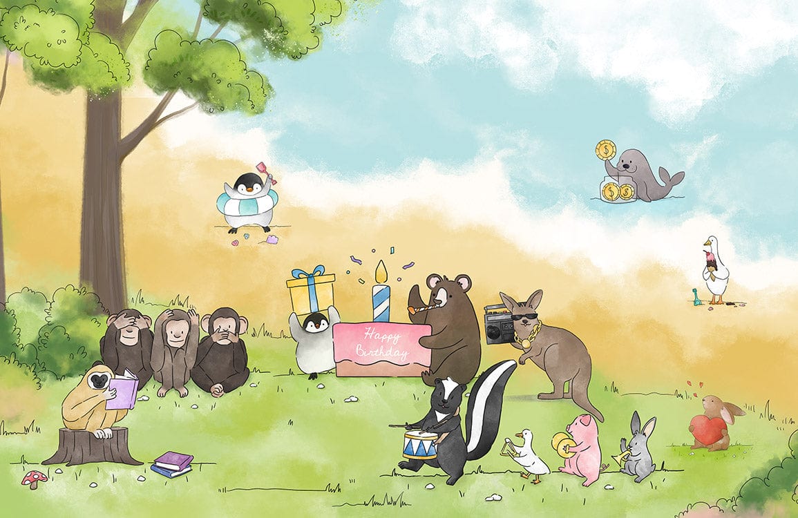 Charming Woodland Celebration Animal Mural Wallpaper - Pastel Colours, Whimsical Style