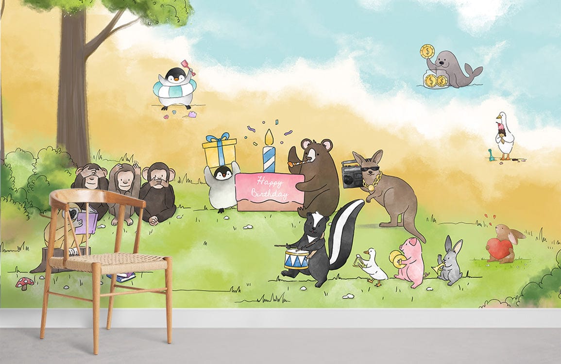 Charming animal mural wallpaper with wooden chair, grey flooring, whimsical style, pastel colours, lively decor.