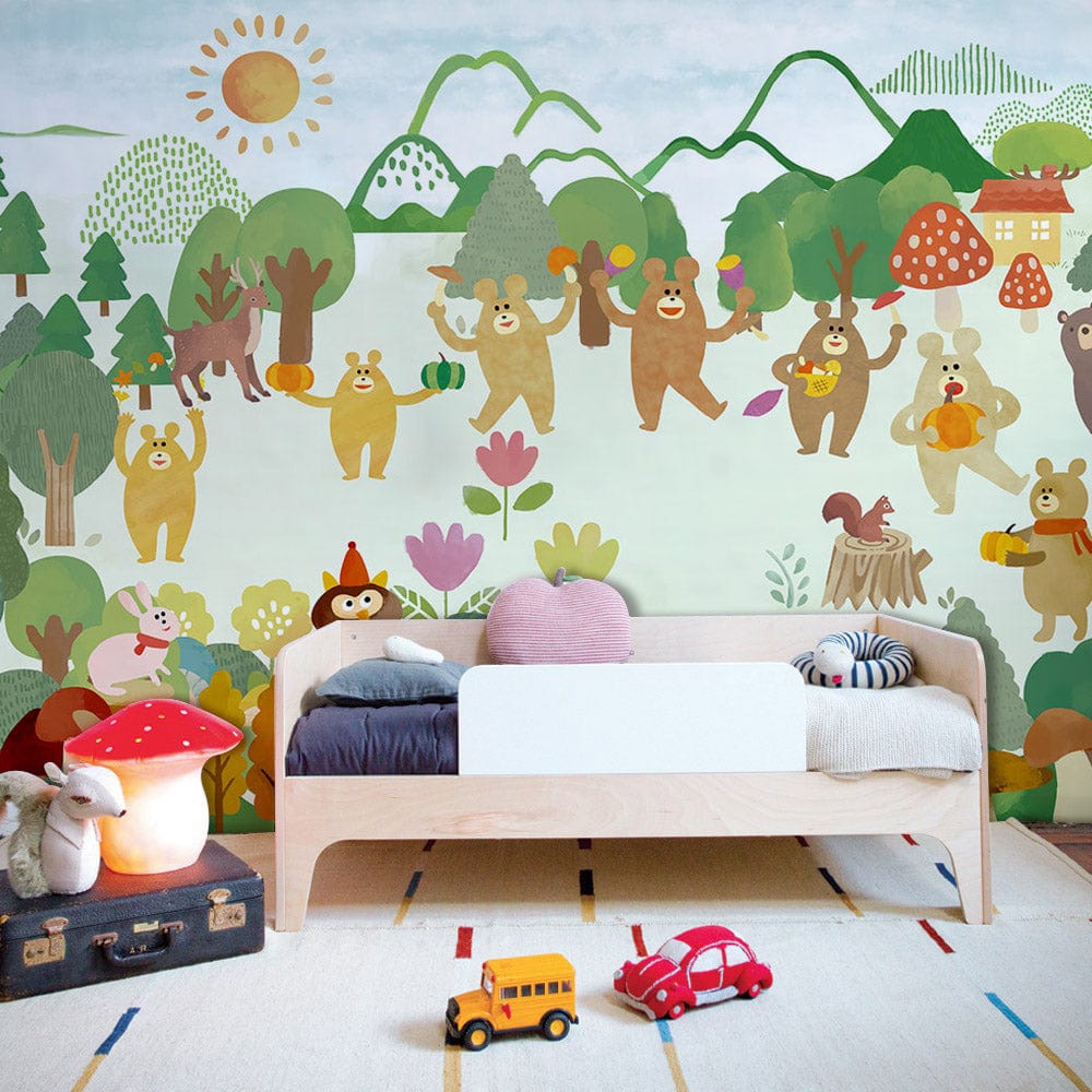 Colourful Whimsical Forest Friends mural wallpaper, featuring bears and animals in child's room with toys.