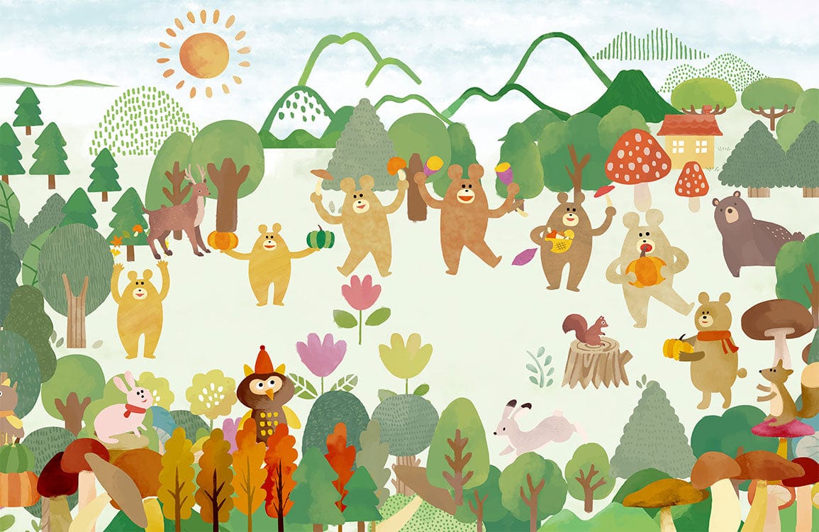 Whimsical Forest Friends Mural Wallpaper with Colourful Bears and Animals Design
