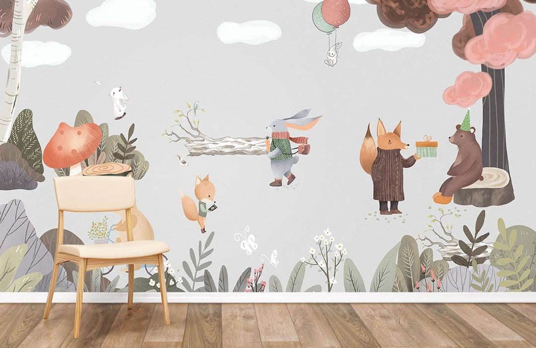 Whimsical Woodland Creatures Mural Wallpaper in Pastels, children's room, wooden chair, wooden flooring.