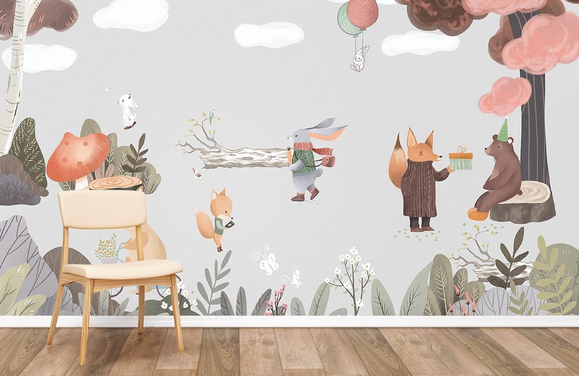 Whimsical Woodland Creatures Mural Wallpaper in Pastels, children's room, wooden chair, wooden flooring.
