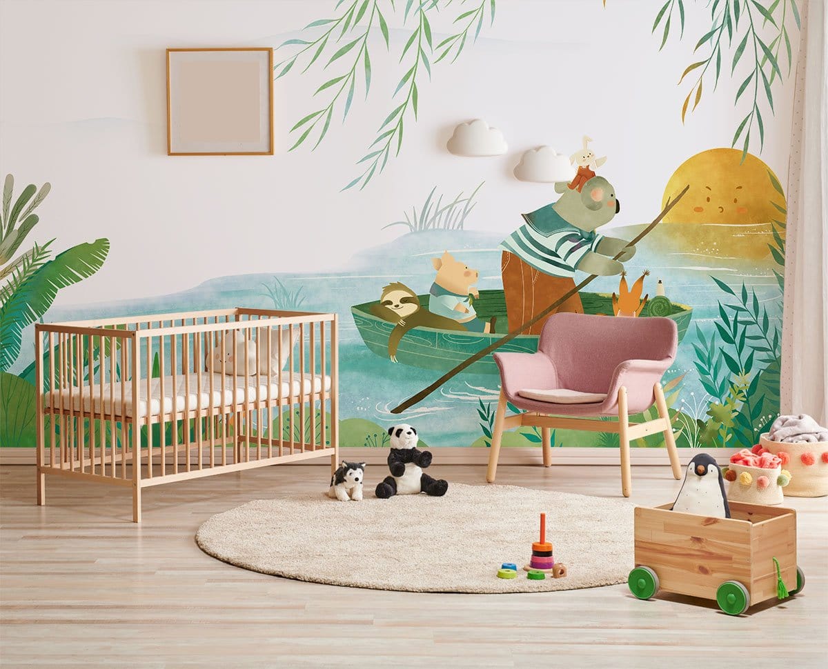 Whimsical Woodland Mural Wallpaper in pastel green nursery with cot, plush toys, and wooden floor.