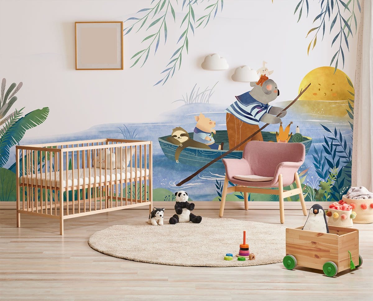 Dreamy Woodland Adventure mural wallpaper, pastel shades, nursery, wooden cot, plush toys, light wood flooring.