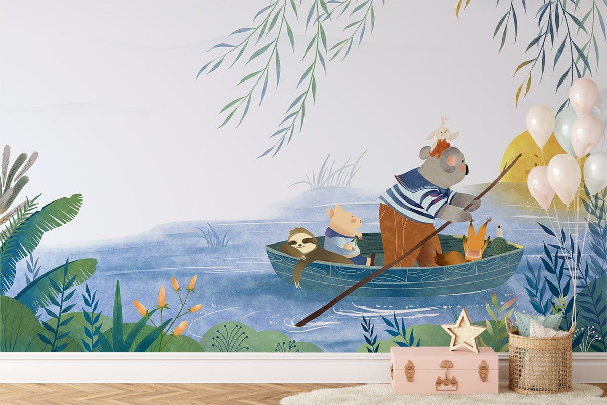Dreamy Woodland Adventure mural in pastel, children's room, oak flooring, plush rug, whimsical decor accents.