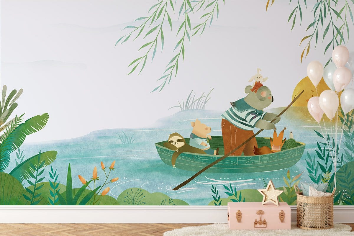 Whimsical Woodland Animal Mural Wallpaper in nursery with pastel green decor, wooden flooring, balloons.
